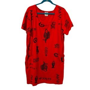 CASTAWAYS VTG  Womens Dress Red Fish Print Pockets Casual Light T Shirt Size XL